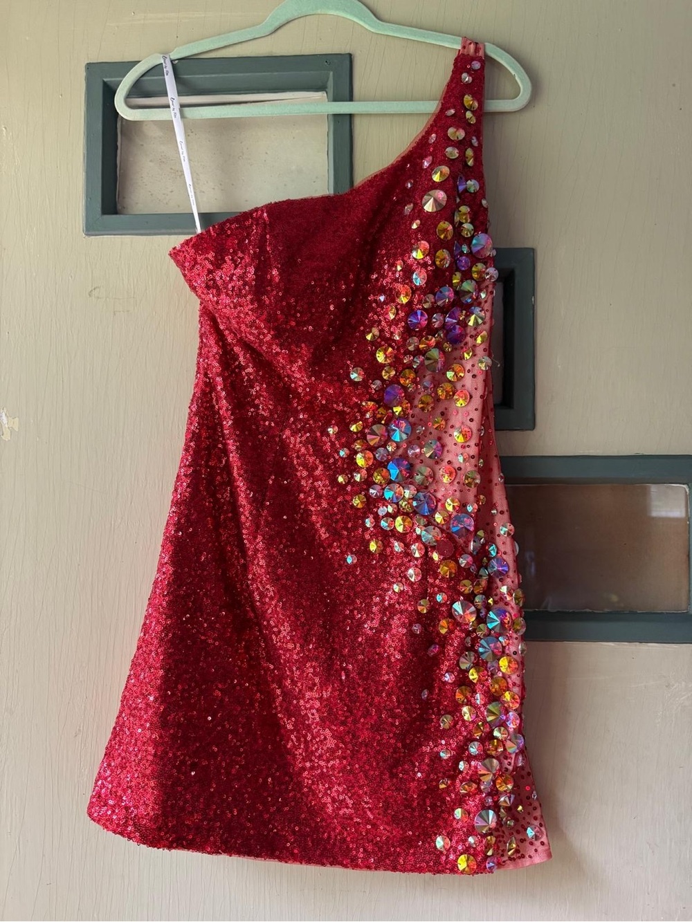 Women’s One-Shoulder Red Sequin Party Dress with Gem Accents